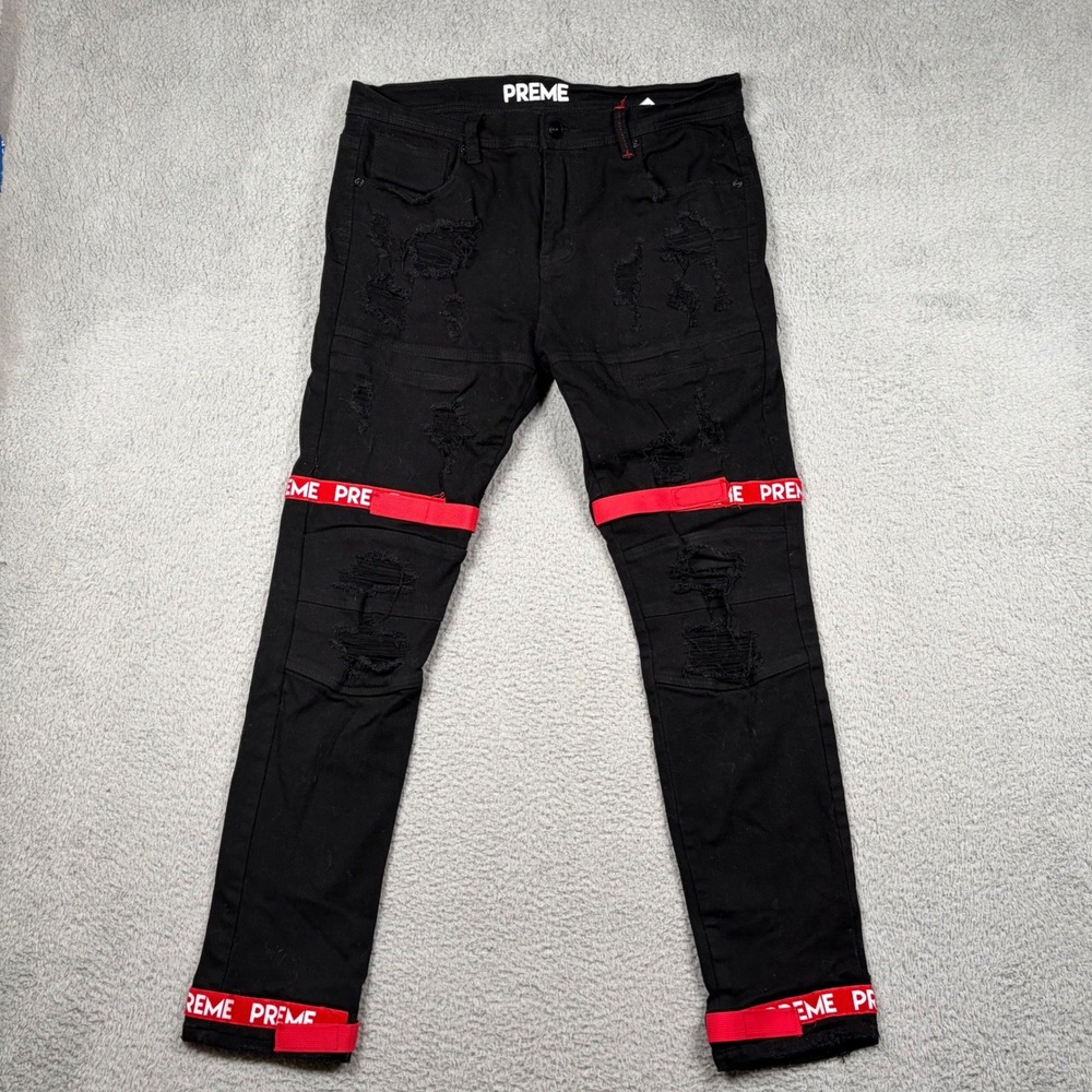 Preme Mens Black Distressed Denim Jeans Red Logo Straps 36x32 Streetwear‎ Skater